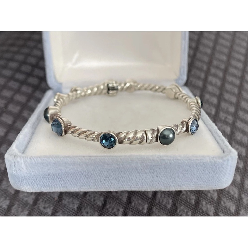Brighton MONTE CARLO Silver Rope Hinged Blue Crystal Faux Pearl Bangle Bracelet